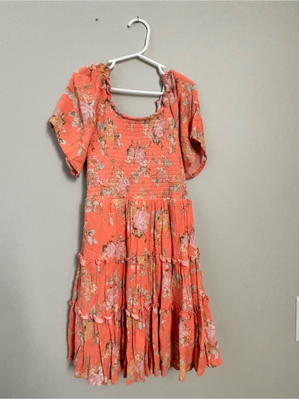 art class Coral Floral Tiered Midi Dress with Smocked Bodice